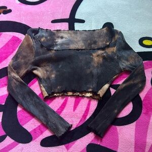 Tie Dye Scoop Neck Lettuce Trim Cropped Long Sleeved